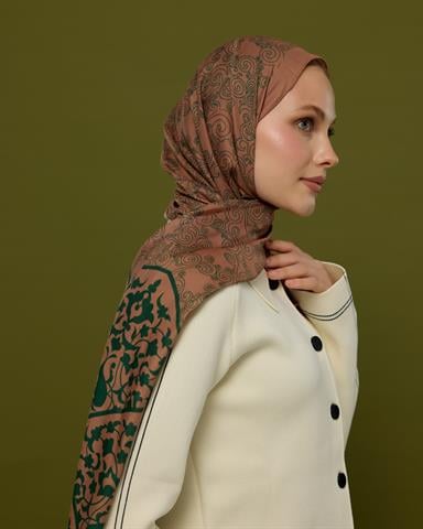 S-SARAYLI-20 Bronz Şafak & Orman Yeşili Saraylı Desen Şal