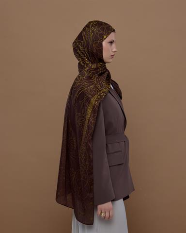 S-EFSUNLU-43 Buhur Kahvesi & Saf Sarı Efsunlu Desen Şal