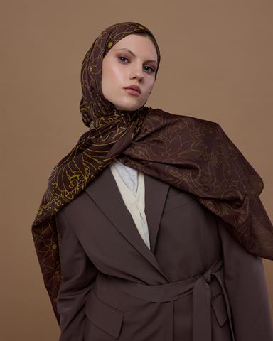 S-EFSUNLU-43 Buhur Kahvesi & Saf Sarı Efsunlu Desen Şal