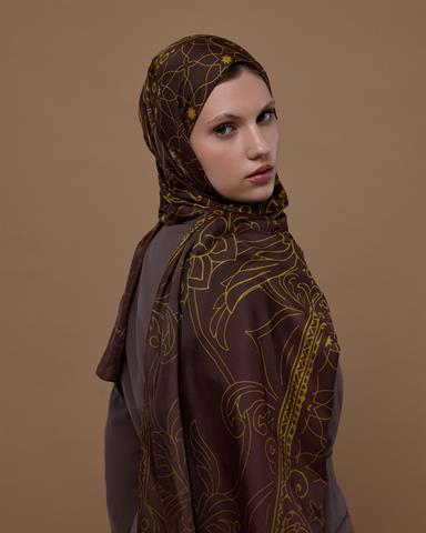 S-EFSUNLU-43 Buhur Kahvesi & Saf Sarı Efsunlu Desen Şal