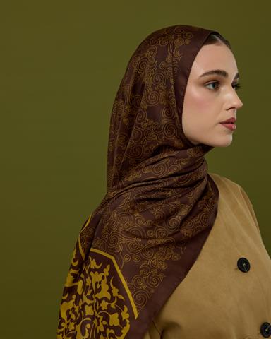 S-SARAYLI-43 Buhur Kahvesi & Saf Sarı Saraylı Desen Şal