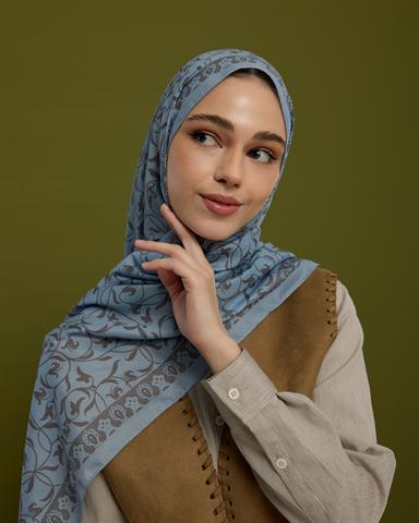 S-LALE-49 Buz Mavisi & Füme Kahve Lale Bahçesi Desen Şal