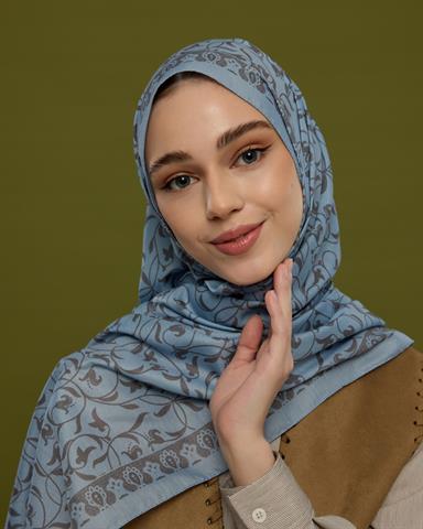 S-LALE-49 Buz Mavisi & Füme Kahve Lale Bahçesi Desen Şal