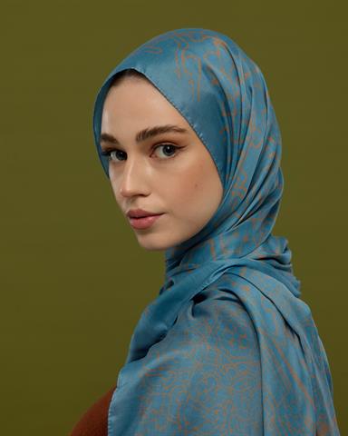 S-HAREM-51 Çakıl Mavisi & Tarçın Dumanı Harem Rüyası Desen Şal