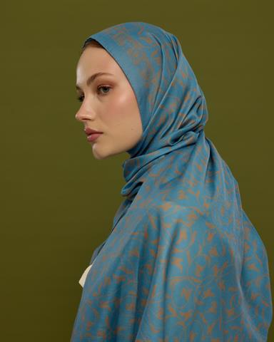 S-LALE-51 Çakıl Mavisi & Tarçın Dumanı Lale Bahçesi Desen Şal