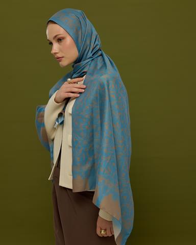 S-LALE-51 Çakıl Mavisi & Tarçın Dumanı Lale Bahçesi Desen Şal
