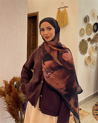 Camel Floral Desenli Müslin Şal