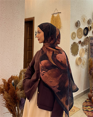 Camel Floral Desenli Müslin Şal