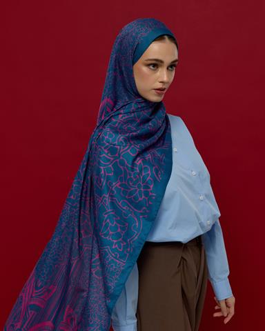S-HAREM-05 Çini Mavisi & Şakayık Pembesi Harem Rüyası Desen Şal