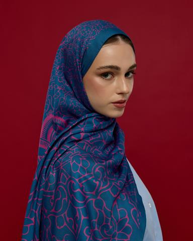 S-HAREM-05 Çini Mavisi & Şakayık Pembesi Harem Rüyası Desen Şal