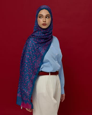 S-LALE-05 Çini Mavisi & Şakayık Pembesi Lale Bahçesi Desen Şal
