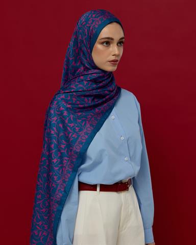 S-LALE-05 Çini Mavisi & Şakayık Pembesi Lale Bahçesi Desen Şal