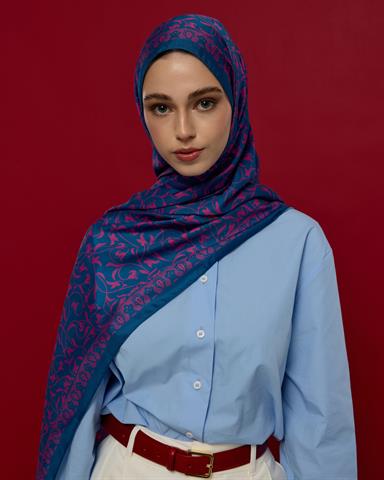 S-LALE-05 Çini Mavisi & Şakayık Pembesi Lale Bahçesi Desen Şal