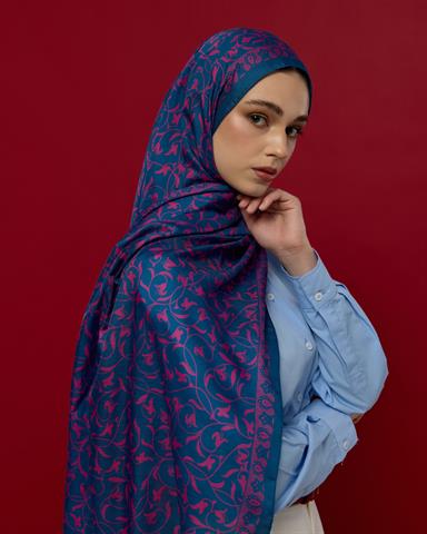 S-LALE-05 Çini Mavisi & Şakayık Pembesi Lale Bahçesi Desen Şal