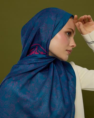 S-SARAYLI-05 Çini Mavisi & Şakayık Pembesi Saraylı Desen Şal