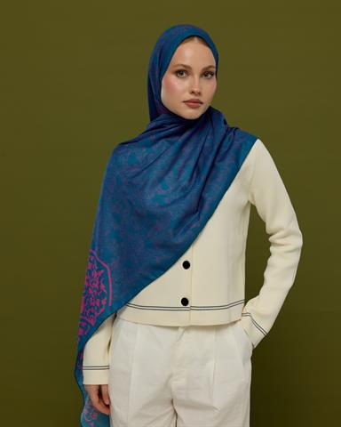 S-SARAYLI-05 Çini Mavisi & Şakayık Pembesi Saraylı Desen Şal