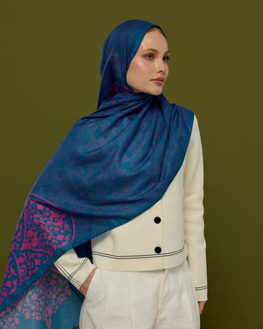 S-SARAYLI-05 Çini Mavisi & Şakayık Pembesi Saraylı Desen Şal