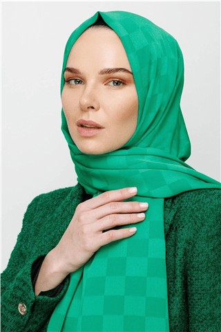 Benetton Yeşili Dama Desen İpeksi Jakar Şal