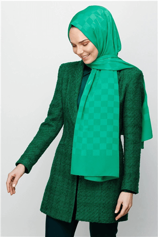 Benetton Yeşili Dama Desen İpeksi Jakar Şal