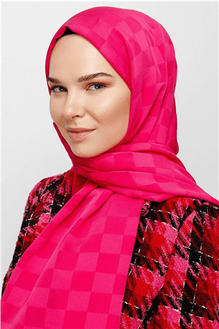 Fuşya Dama Desen İpeksi Jakar Şal
