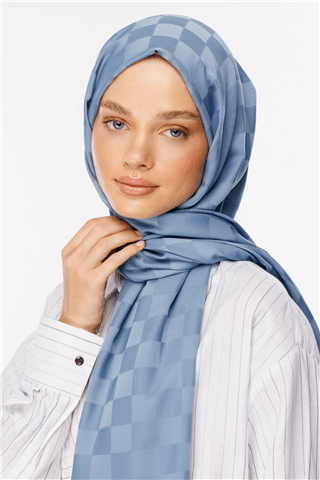 Gök Mavisi Dama Desen İpeksi Jakar Şal