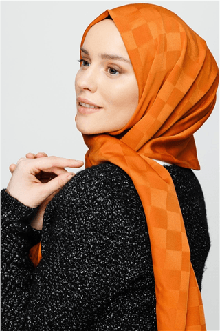 Kiremit Dama Desen İpeksi Jakar Şal
