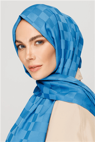 Mavi Dama Desen İpeksi Jakar Şal