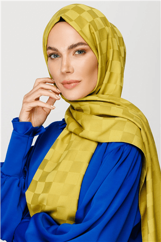 Oliv Yeşili Dama Desen İpeksi Jakar Şal