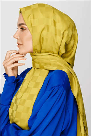 Oliv Yeşili Dama Desen İpeksi Jakar Şal