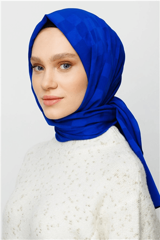 Saks Mavi Dama Desen İpeksi Jakar Şal