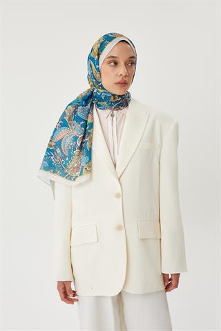 Ekru & Petrol Retro Desen Şal
