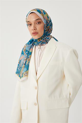 Ekru & Petrol Retro Desen Şal