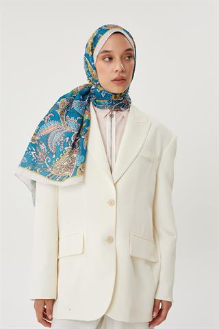 Ekru & Petrol Retro Desen Şal