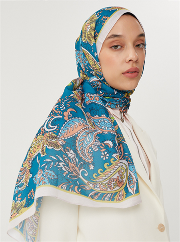 Ekru & Petrol Retro Desen Şal