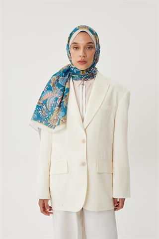 Ekru & Petrol Retro Desen Şal