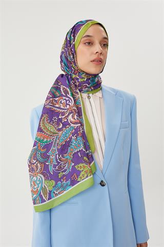 Fıstık Yeşili & Mor Retro Desen Şal