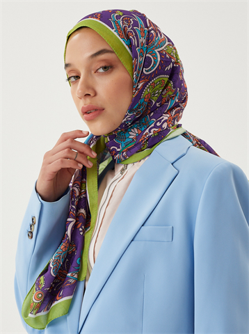 Fıstık Yeşili & Mor Retro Desen Şal