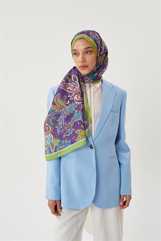 Fıstık Yeşili & Mor Retro Desen Şal