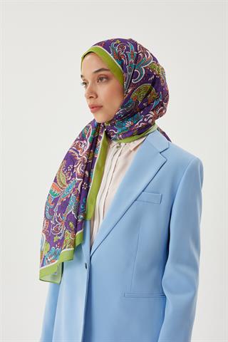 Fıstık Yeşili & Mor Retro Desen Şal