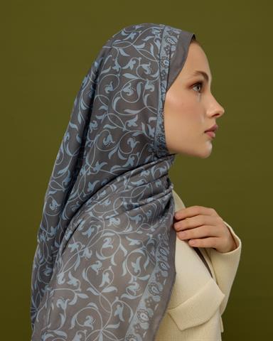 S-LALE-50 Füme Kahve & Buz Mavi Lale Bahçesi Desen Şal