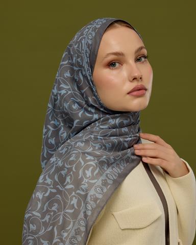 S-LALE-50 Füme Kahve & Buz Mavi Lale Bahçesi Desen Şal