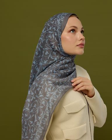 S-LALE-50 Füme Kahve & Buz Mavi Lale Bahçesi Desen Şal