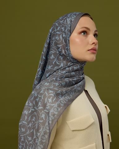 S-LALE-50 Füme Kahve & Buz Mavi Lale Bahçesi Desen Şal