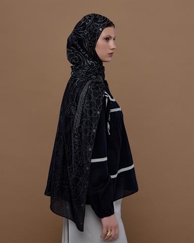 S-EFSUNLU-67 Gece & Krem Efsunlu Desen Şal