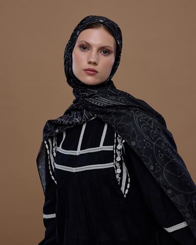 S-EFSUNLU-67 Gece & Krem Efsunlu Desen Şal