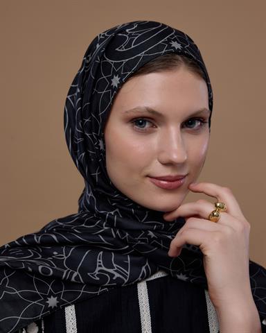 S-EFSUNLU-67 Gece & Krem Efsunlu Desen Şal
