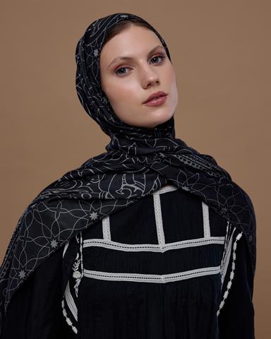 S-EFSUNLU-67 Gece & Krem Efsunlu Desen Şal