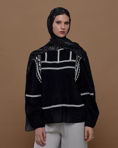 S-EFSUNLU-67 Gece & Krem Efsunlu Desen Şal