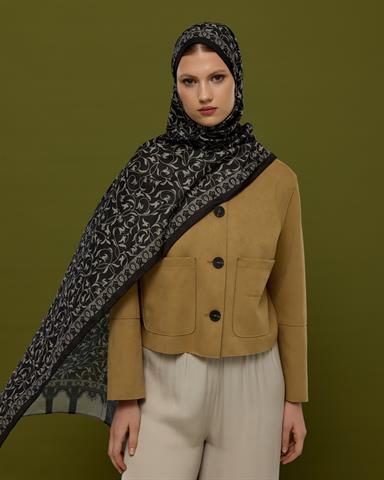 S-LALE-67 Gece & Krem Lale Bahçesi Desen Şal