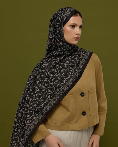 S-LALE-67 Gece & Krem Lale Bahçesi Desen Şal